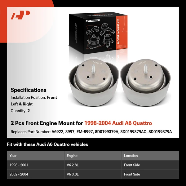 2 Pcs Front Engine Mount for 1998-2004 Audi A6 Quattro