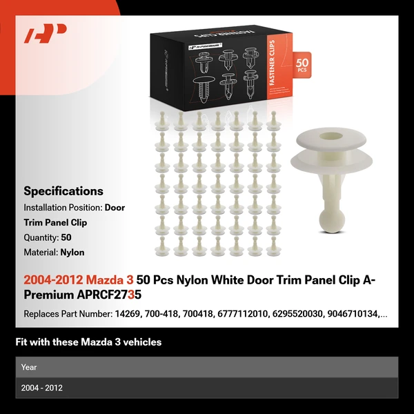2004-2012 Mazda 3 50 Pcs Nylon White Door Trim Panel Clip A-Premium APRCF2735