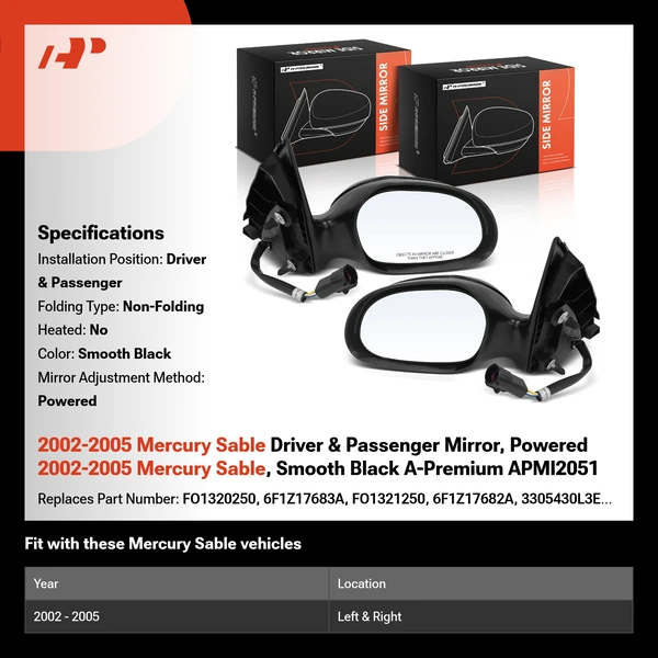 2002-2005 Mercury Sable Driver & Passenger Mirror, Powered 2002-2005 Mercury Sable, Smooth Black A-Premium APMI2051