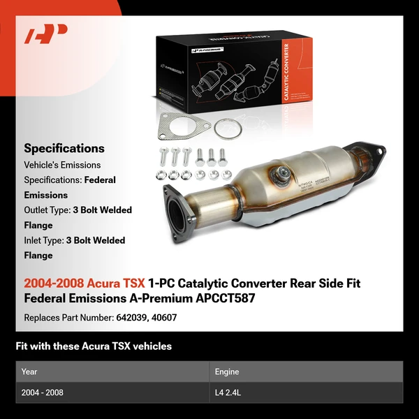 2004-2008 Acura TSX 1-PC Catalytic Converter Rear Side Fit Federal Emissions A-Premium APCCT587