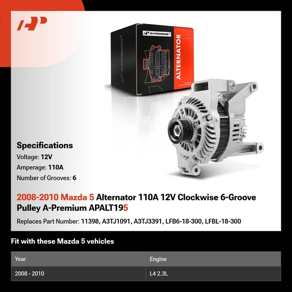 2008-2010 Mazda 5 Alternator 110A 12V Clockwise 6-Groove Pulley A-Premium APALT195