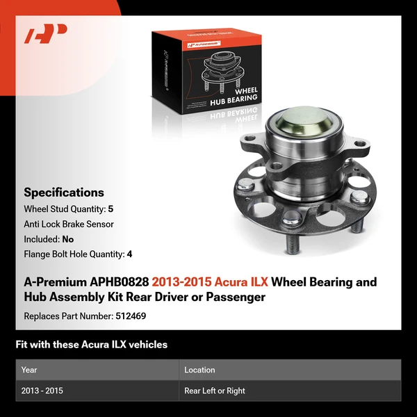 A-Premium APHB0828 2013-2015 Acura ILX Wheel Bearing and Hub Assembly Kit Rear Driver or Passenger