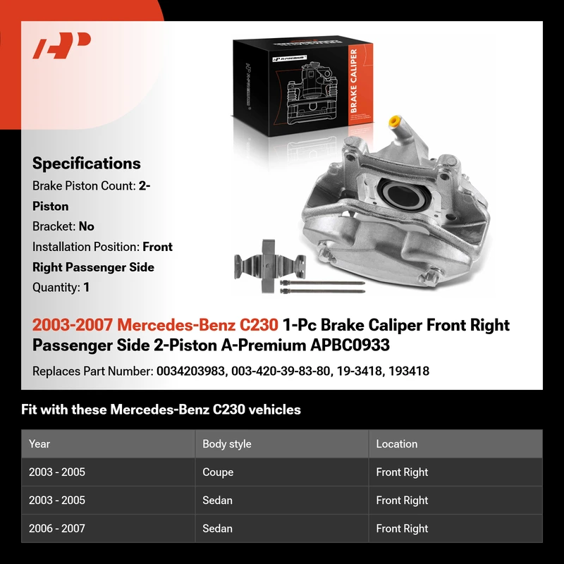 2003-2007 Mercedes-Benz C230 1-Pc Brake Caliper Front Right Passenger Side 2-Piston A-Premium APBC0933