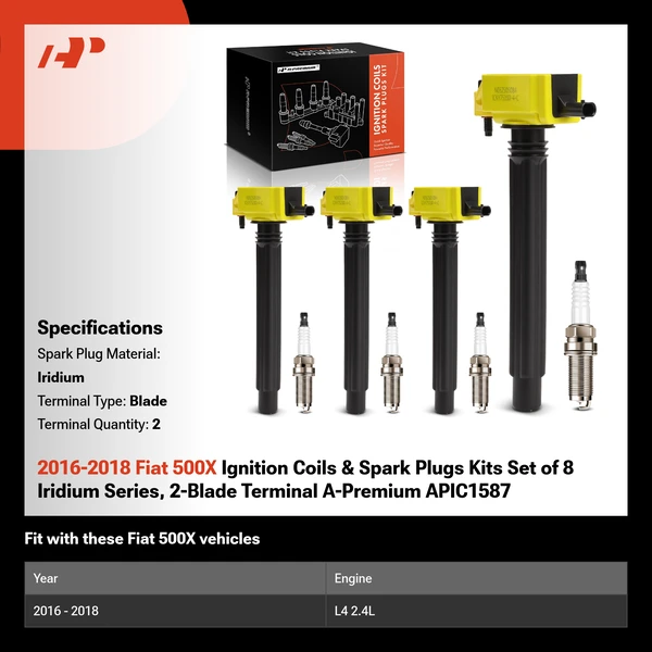 2016-2018 Fiat 500X Ignition Coils & Spark Plugs Kits Set of 8 Iridium Series, 2-Blade Terminal A-Premium APIC1587