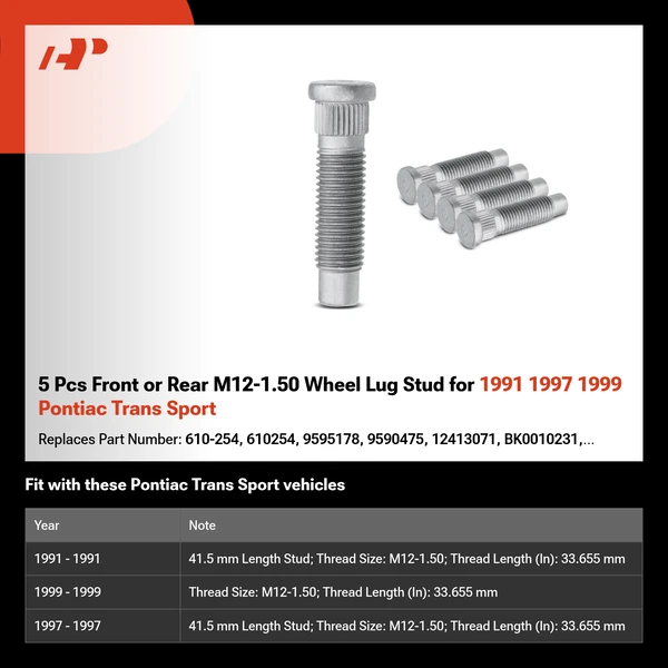 5 Pcs Front or Rear M12-1.50 Wheel Lug Stud for 1991 1997 1999 Pontiac Trans Sport