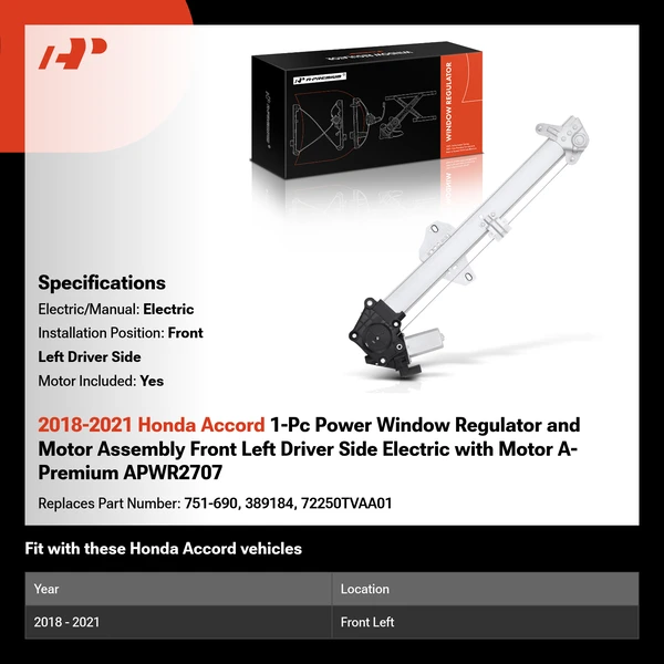 2018-2021 Honda Accord 1-Pc Power Window Regulator and Motor Assembly Front Left Driver Side Electric with Motor A-Premium APWR2707