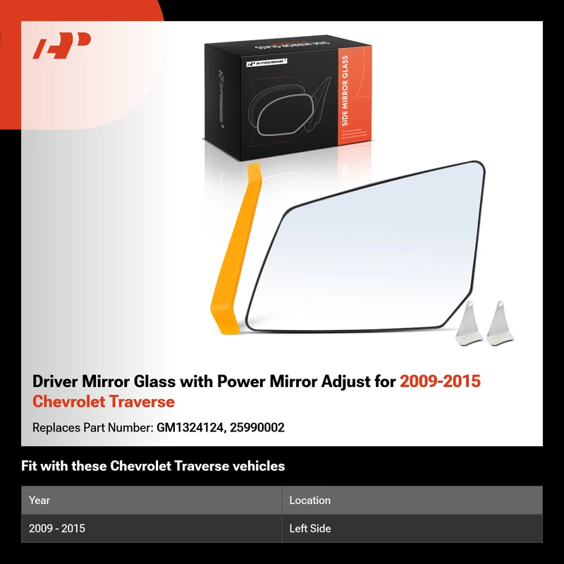Driver Mirror Glass with Power Mirror Adjust for 2009-2015 Chevrolet Traverse