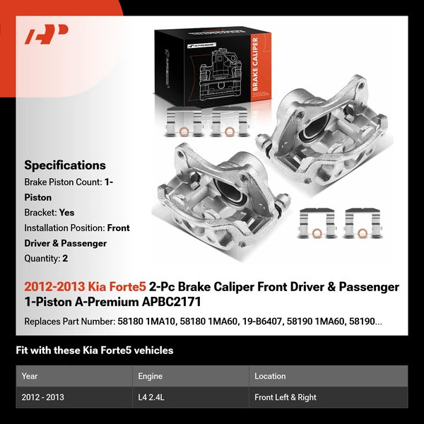 2012-2013 Kia Forte5 2-Pc Brake Caliper Front Driver & Passenger 1-Piston A-Premium APBC2171