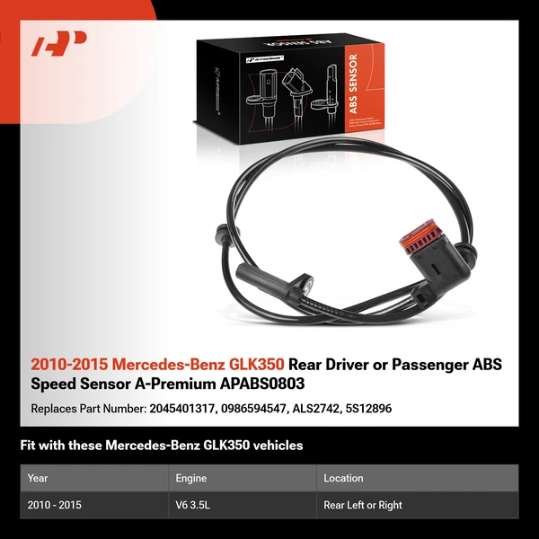 2010-2015 Mercedes-Benz GLK350 Rear Driver or Passenger ABS Speed Sensor A-Premium APABS0803