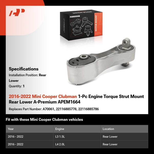 2016-2022 Mini Cooper Clubman 1-Pc Engine Torque Strut Mount Rear Lower A-Premium APEM1664