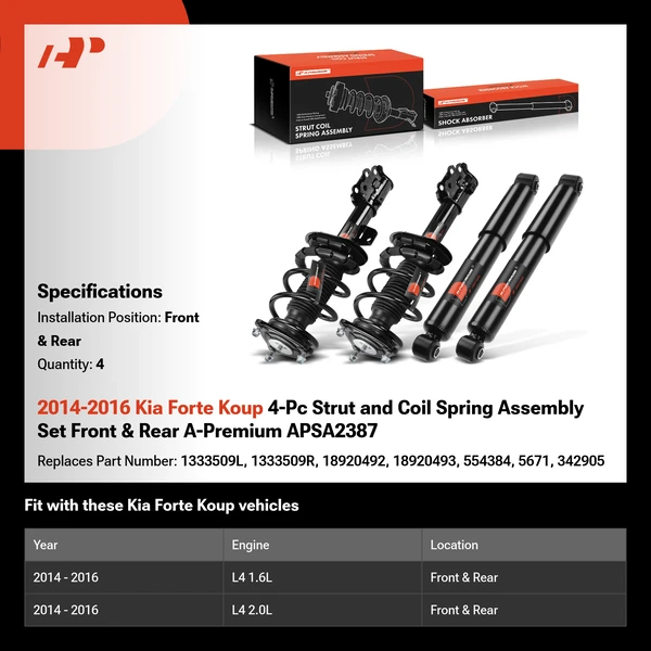 2014-2016 Kia Forte Koup 4-Pc Strut and Coil Spring Assembly Set Front & Rear A-Premium APSA2387