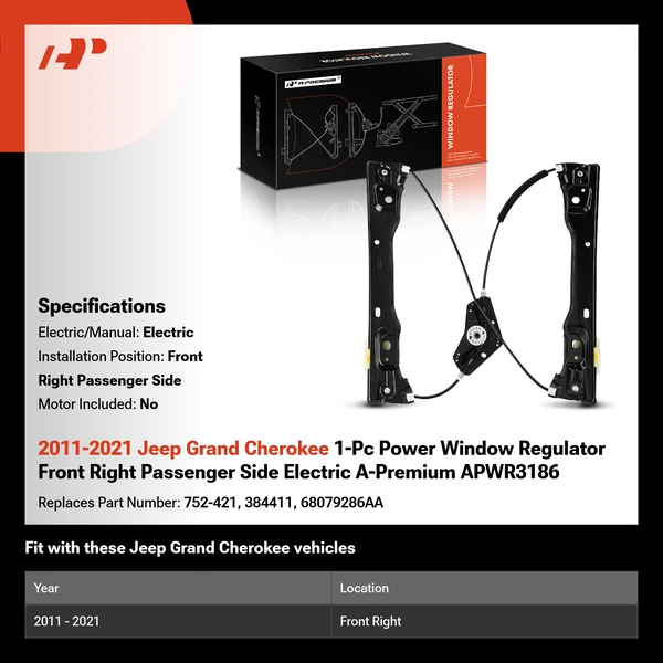 2011-2021 Jeep Grand Cherokee 1-Pc Power Window Regulator Front Right Passenger Side Electric A-Premium APWR3186