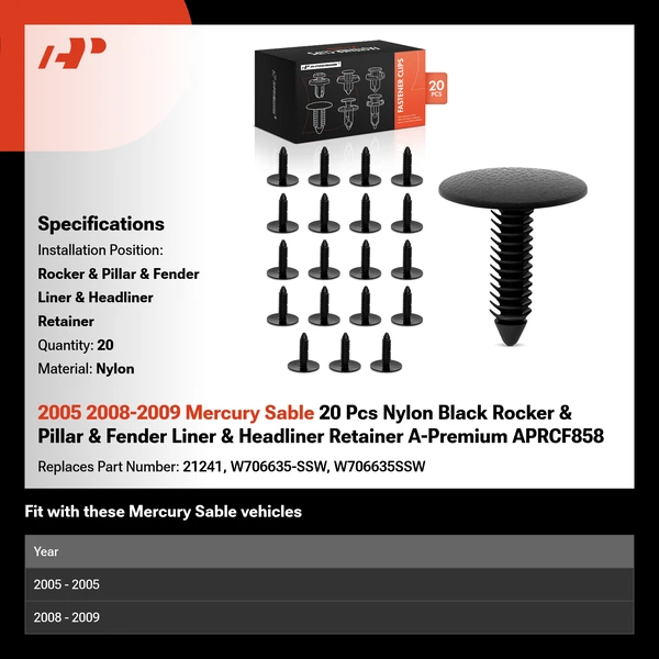 2005 2008-2009 Mercury Sable 20 Pcs Nylon Black Rocker & Pillar & Fender Liner & Headliner Retainer A-Premium APRCF858