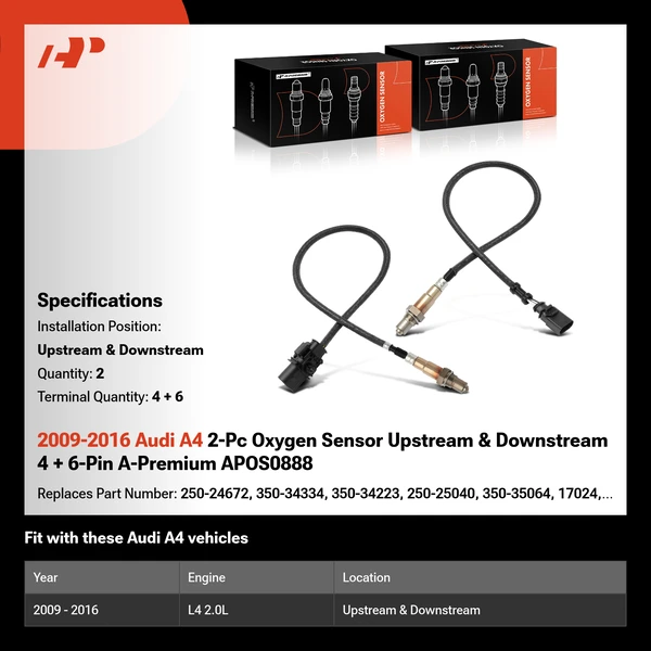2009-2016 Audi A4 2-Pc Oxygen Sensor Upstream & Downstream 4 + 6-Pin A-Premium APOS0888