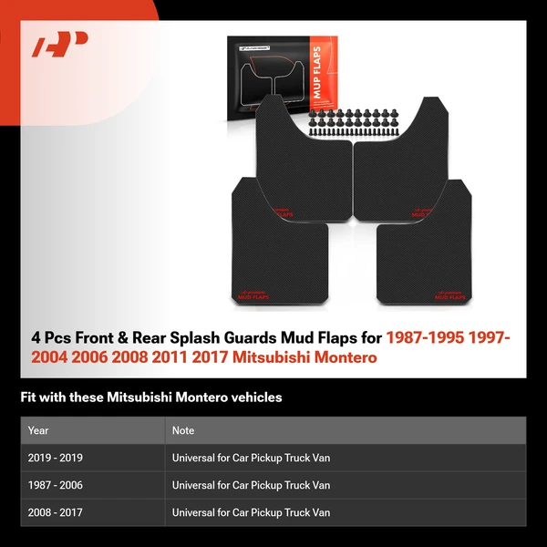 4 Pcs Front & Rear Splash Guards Mud Flaps for 1987-1995 1997-2004 2006 2008 2011 2017 Mitsubishi Montero