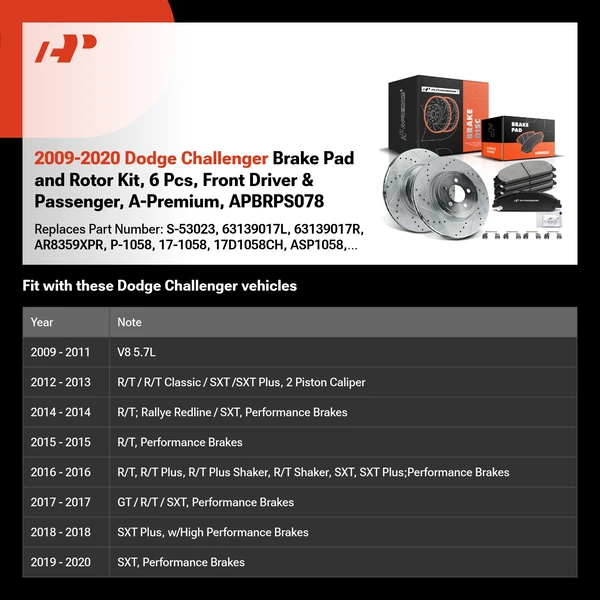 2009-2020 Dodge Challenger Brake Pad and Rotor Kit, 6 Pcs, Front Driver & Passenger, A-Premium, APBRPS078