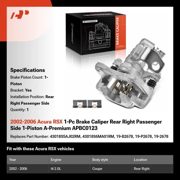 2002-2006 Acura RSX 1-Pc Brake Caliper Rear Right Passenger Side 1-Piston A-Premium APBC0123