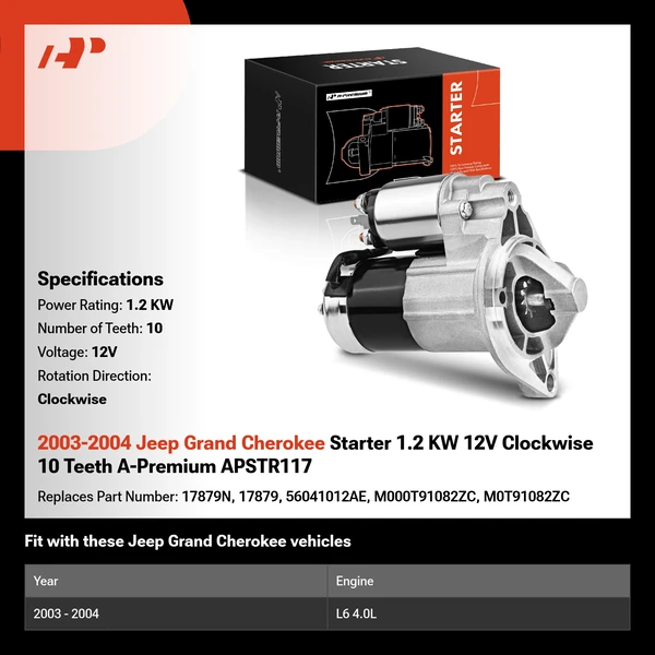 2003-2004 Jeep Grand Cherokee Starter 1.2 KW 12V Clockwise 10 Teeth A-Premium APSTR117