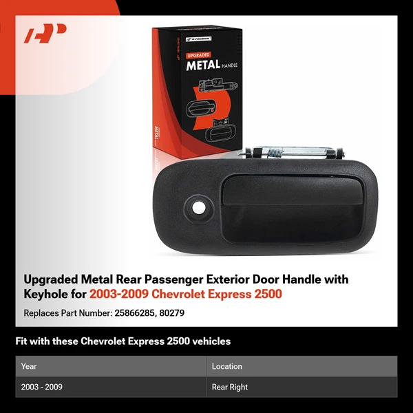 Upgraded Metal Rear Passenger Exterior Door Handle with Keyhole for 2003-2009 Chevrolet Express 2500