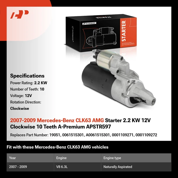 2007-2009 Mercedes-Benz CLK63 AMG Starter 2.2 KW 12V Clockwise 10 Teeth A-Premium APSTR597