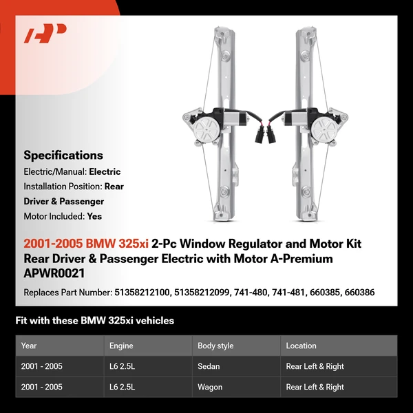 2001-2005 BMW 325xi 2-Pc Window Regulator and Motor Kit Rear Driver & Passenger Electric with Motor A-Premium APWR0021