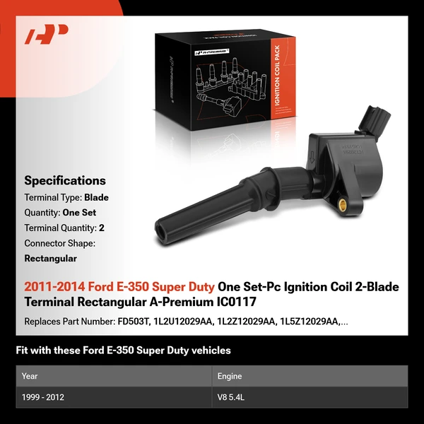 2011-2014 Ford E-350 Super Duty One Set-Pc Ignition Coil 2-Blade Terminal Rectangular A-Premium IC0117