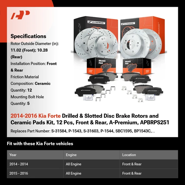 2014-2016 Kia Forte Drilled & Slotted Disc Brake Rotors and Ceramic Pads Kit, 12 Pcs, Front & Rear, A-Premium, APBRPS251