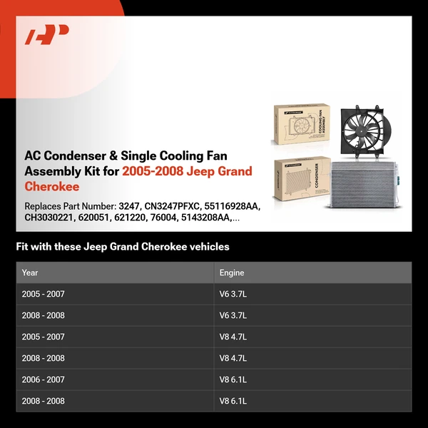 AC Condenser & Single Cooling Fan Assembly Kit for 2005-2008 Jeep Grand Cherokee