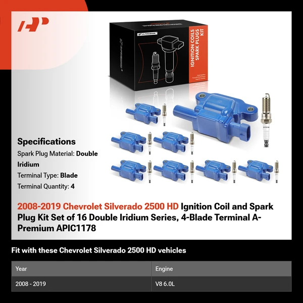 2008-2019 Chevrolet Silverado 2500 HD Ignition Coil and Spark Plug Kit Set of 16 Double Iridium Series, 4-Blade Terminal A-Premium APIC1178