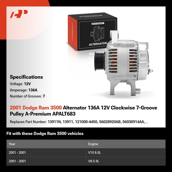 2001 Dodge Ram 3500 Alternator 136A 12V Clockwise 7-Groove Pulley A-Premium APALT683