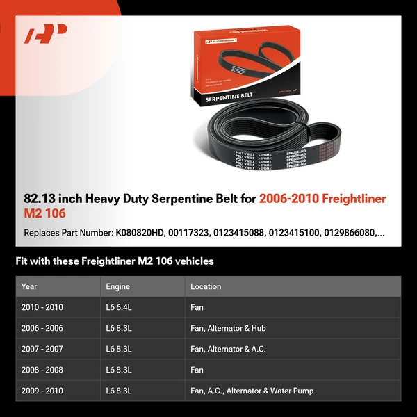 82.13 inch Heavy Duty Serpentine Belt for 2006-2010 Freightliner M2 106