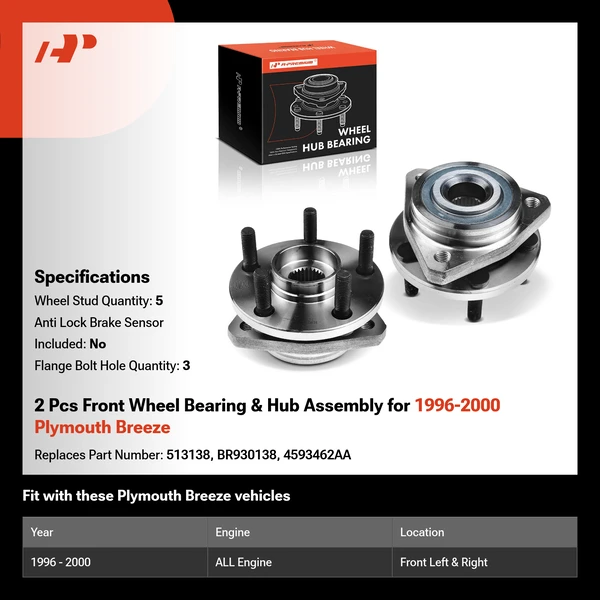 2 Pcs Front Wheel Bearing & Hub Assembly for 1996-2000 Plymouth Breeze