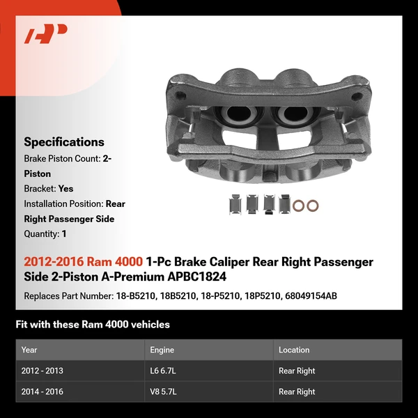 2012-2016 Ram 4000 1-Pc Brake Caliper Rear Right Passenger Side 2-Piston A-Premium APBC1824