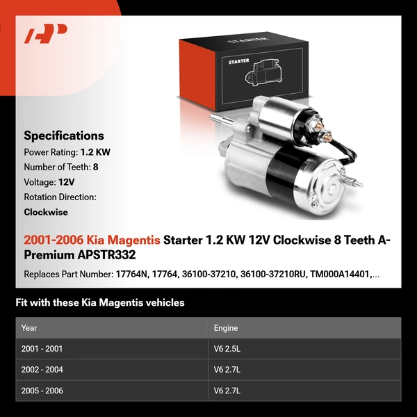 2001-2006 Kia Magentis Starter 1.2 KW 12V Clockwise 8 Teeth A-Premium APSTR332