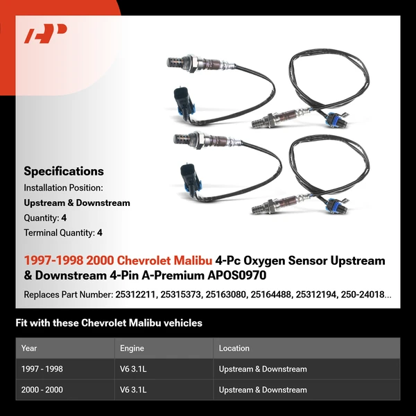 1997-1998 2000 Chevrolet Malibu 4-Pc Oxygen Sensor Upstream & Downstream 4-Pin A-Premium APOS0970