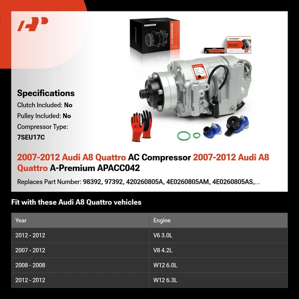 2007-2012 Audi A8 Quattro AC Compressor 2007-2012 Audi A8 Quattro A-Premium APACC042