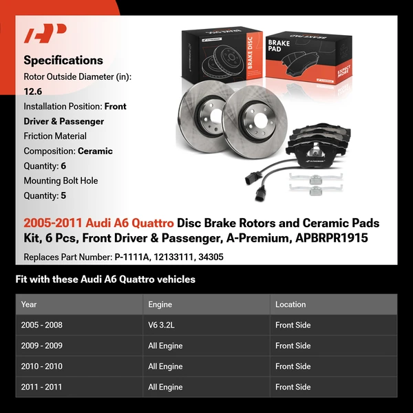 2005-2011 Audi A6 Quattro Disc Brake Rotors and Ceramic Pads Kit, 6 Pcs, Front Driver & Passenger, A-Premium, APBRPR1915