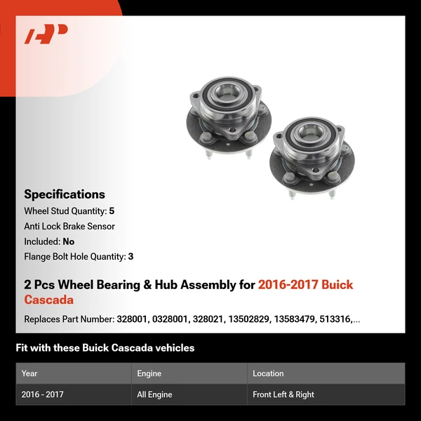2 Pcs Wheel Bearing & Hub Assembly for 2016-2017 Buick Cascada