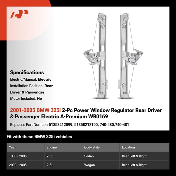 2001-2005 BMW 325i 2-Pc Power Window Regulator Rear Driver & Passenger Electric A-Premium WR0169