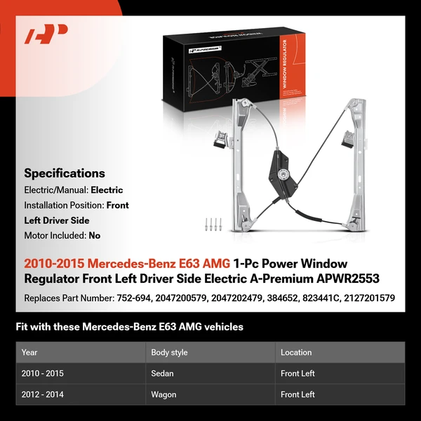 2010-2015 Mercedes-Benz E63 AMG 1-Pc Power Window Regulator Front Left Driver Side Electric A-Premium APWR2553