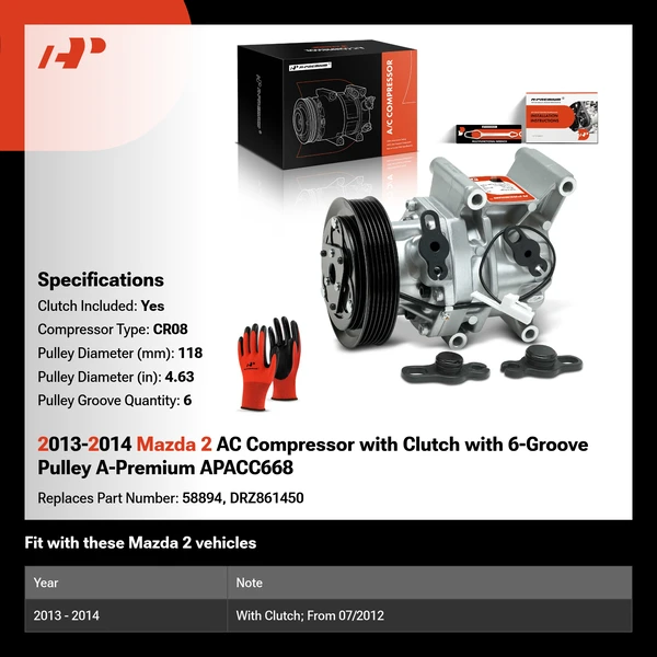 2013-2014 Mazda 2 AC Compressor with Clutch with 6-Groove Pulley A-Premium APACC668