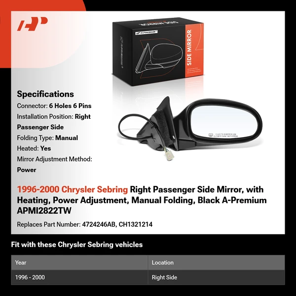 1996-2000 Chrysler Sebring Right Passenger Side Mirror, with Heating, Power Adjustment, Manual Folding, Black A-Premium APMI2822TW