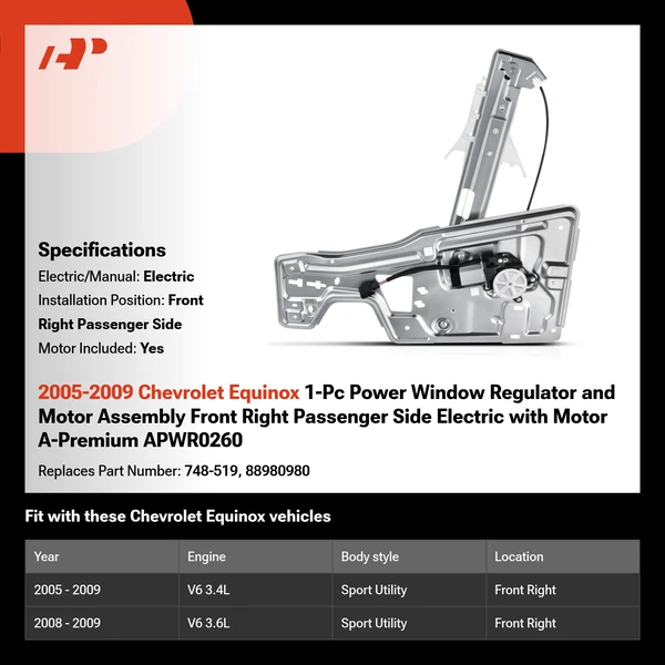 2005-2009 Chevrolet Equinox 1-Pc Power Window Regulator and Motor Assembly Front Right Passenger Side Electric with Motor A-Premium APWR0260