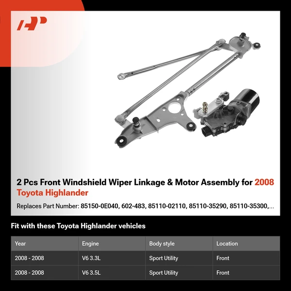 2 Pcs Front Windshield Wiper Linkage & Motor Assembly for 2008 Toyota Highlander