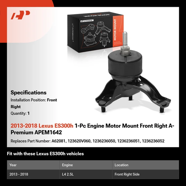 2013-2018 Lexus ES300h 1-Pc Engine Motor Mount Front Right A-Premium APEM1642