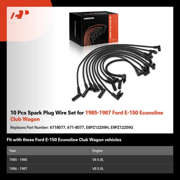 10 Pcs Spark Plug Wire Set for 1985-1987 Ford E-150 Econoline Club Wagon