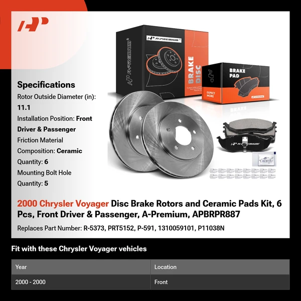 2000 Chrysler Voyager Disc Brake Rotors and Ceramic Pads Kit, 6 Pcs, Front Driver & Passenger, A-Premium, APBRPR887