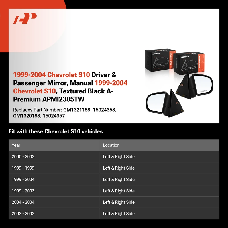 1999-2004 Chevrolet S10 Driver & Passenger Mirror, Manual 1999-2004 Chevrolet S10, Textured Black A-Premium APMI2385TW