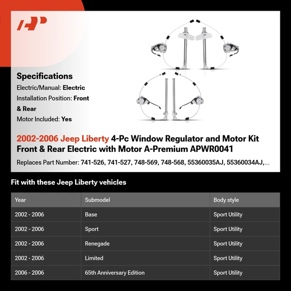 2002-2006 Jeep Liberty 4-Pc Window Regulator and Motor Kit Front & Rear Electric with Motor A-Premium APWR0041