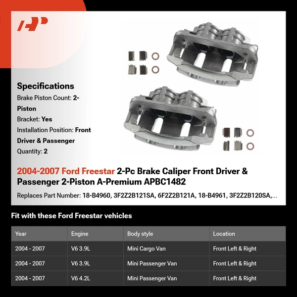 2004-2007 Ford Freestar 2-Pc Brake Caliper Front Driver & Passenger 2-Piston A-Premium APBC1482